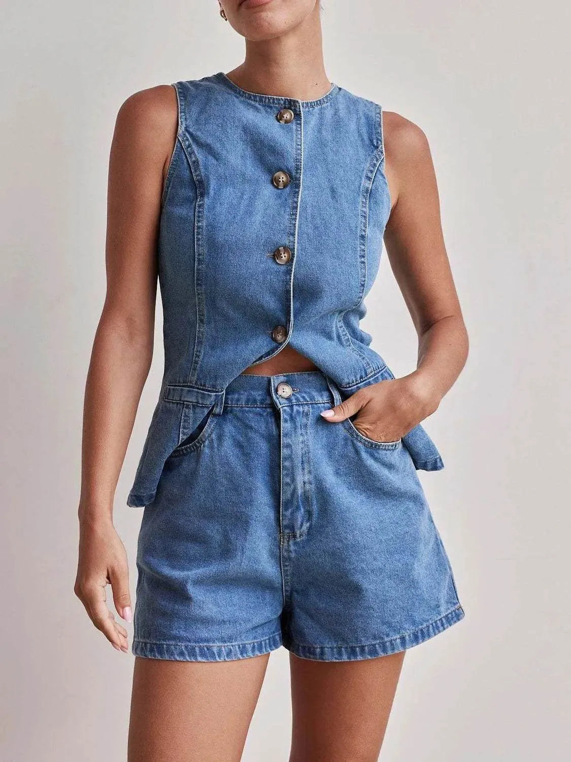 Button Down Vest and Shorts Denim Set - Bona Fide Fashion