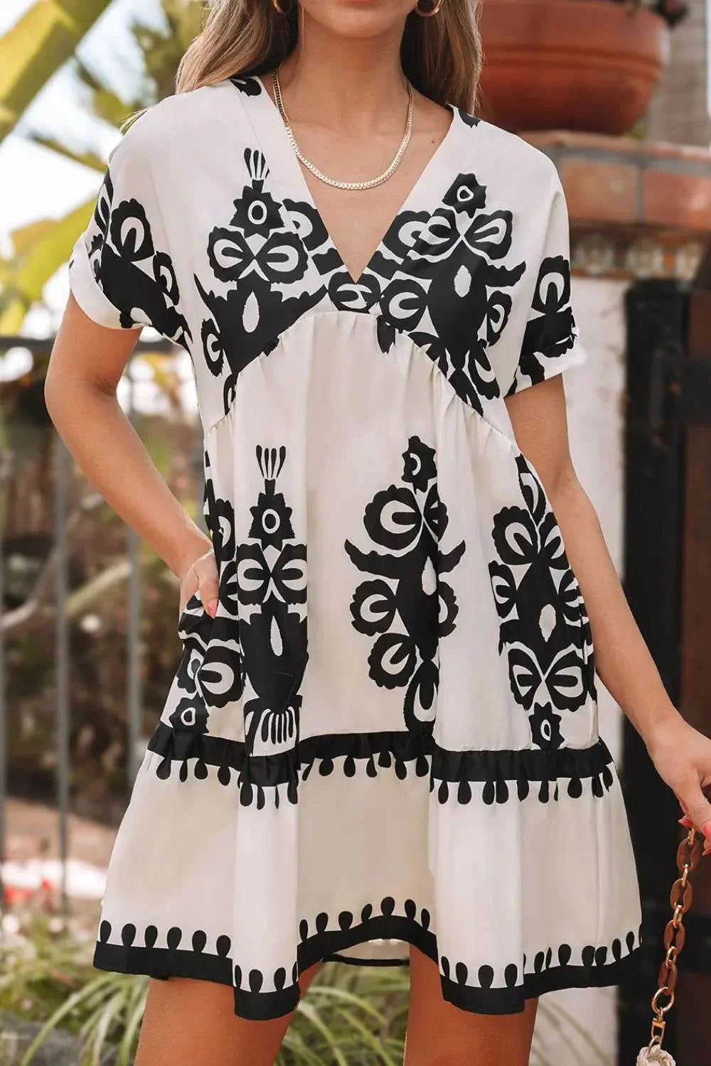 Printed V-Neck Short Sleeve Dress - Bona Fide Fashion