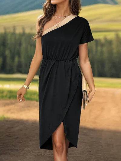 Perfee Slit Single Shoulder Short Sleeve Midi Dress - Bona Fide Fashion