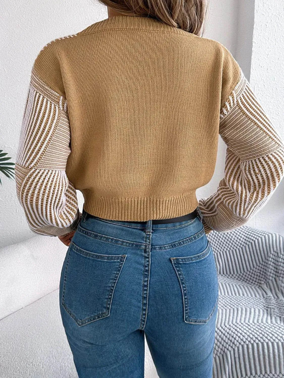 Striped V-Neck Long Sleeve Sweater - Bona Fide Fashion