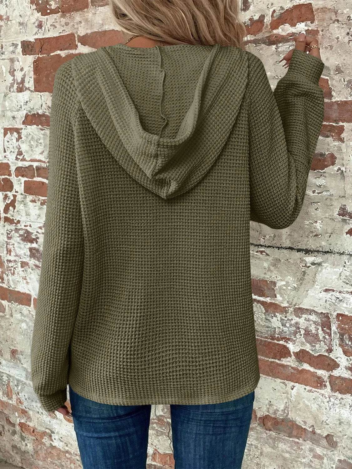 Waffle Knit Long Sleeve Drawstring Hooded Top - Bona Fide Fashion