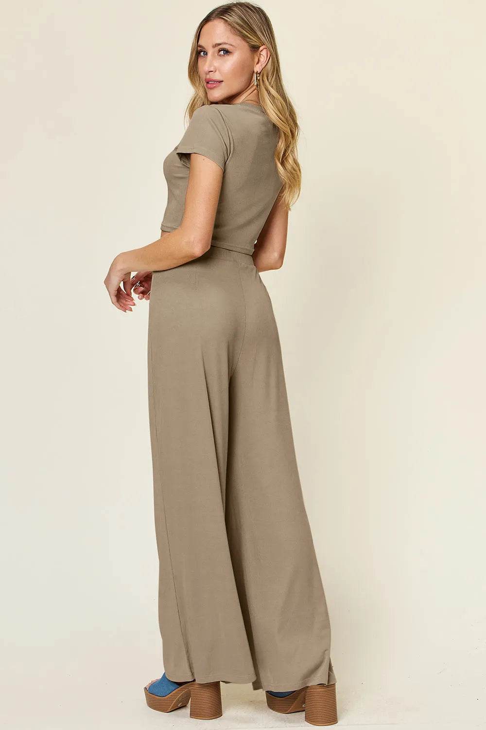 Double Take Full Size Round Neck Top and Pants Set - Bona Fide Fashion