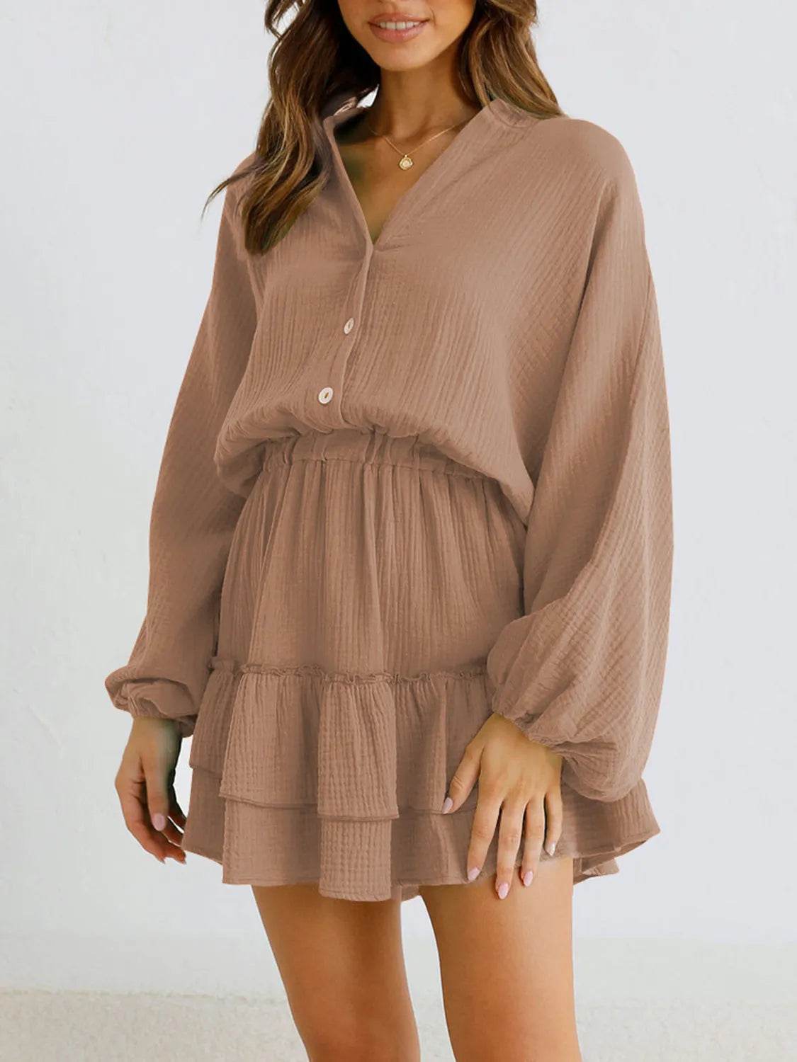 Ruffled Notched Balloon Sleeve Mini Dress - Bona Fide Fashion