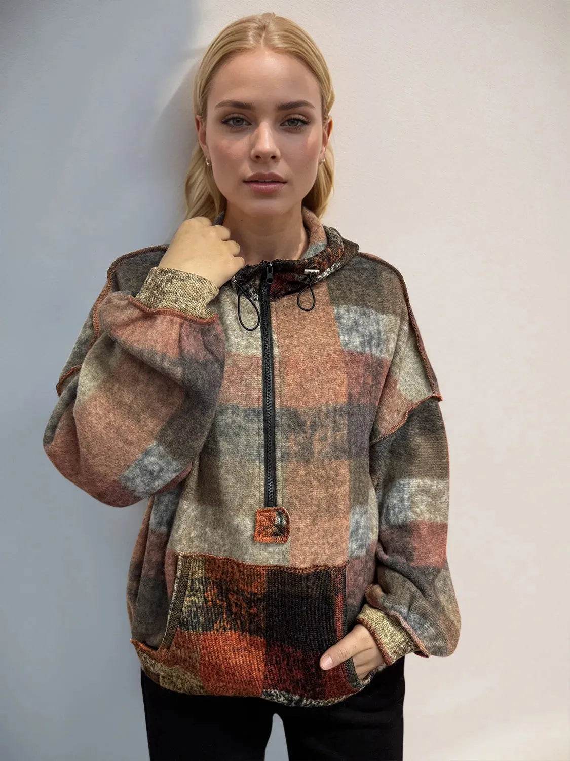 Double Take Full Size Half Zip Exposed Seam Hoodie - Bona Fide Fashion