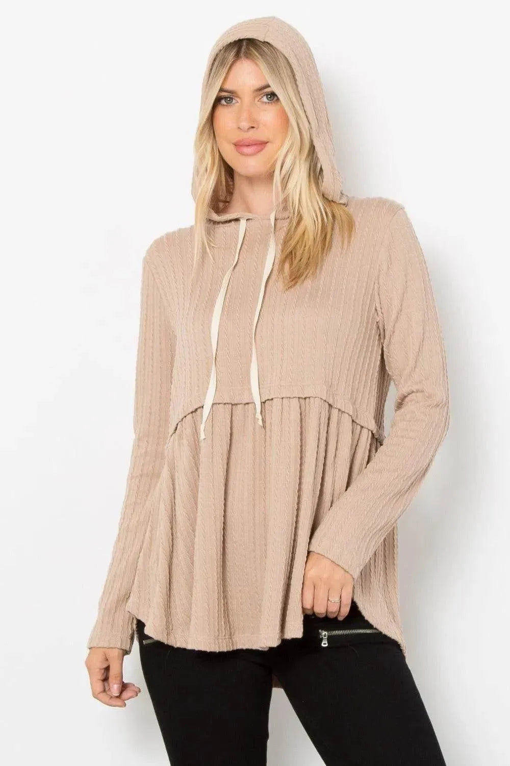 Be Stage Full Size Peplum Hoodie – Long Sleeve Cable Knit Pullover for Fall - Bona Fide Fashion