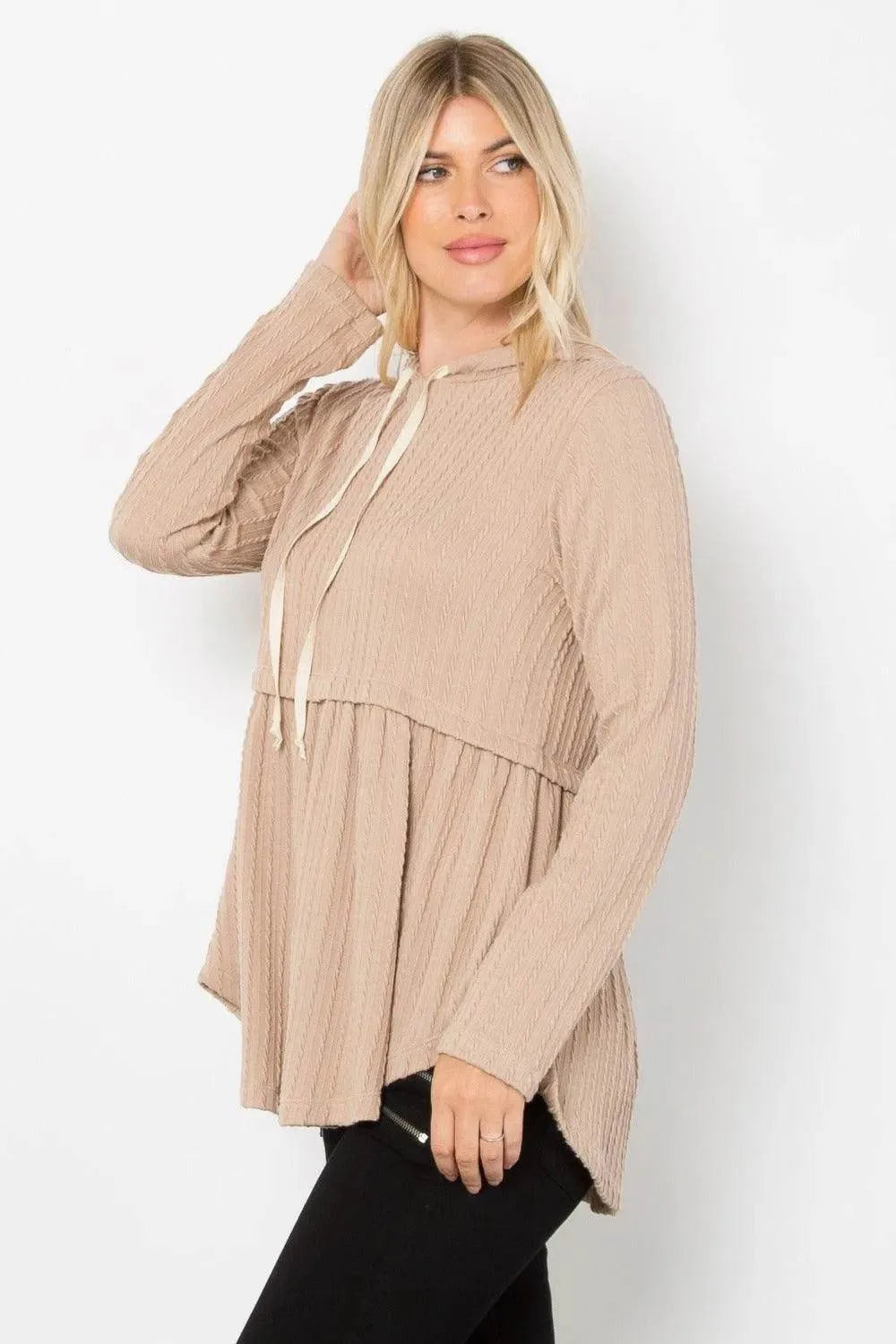 Be Stage Full Size Peplum Hoodie – Long Sleeve Cable Knit Pullover for Fall - Bona Fide Fashion
