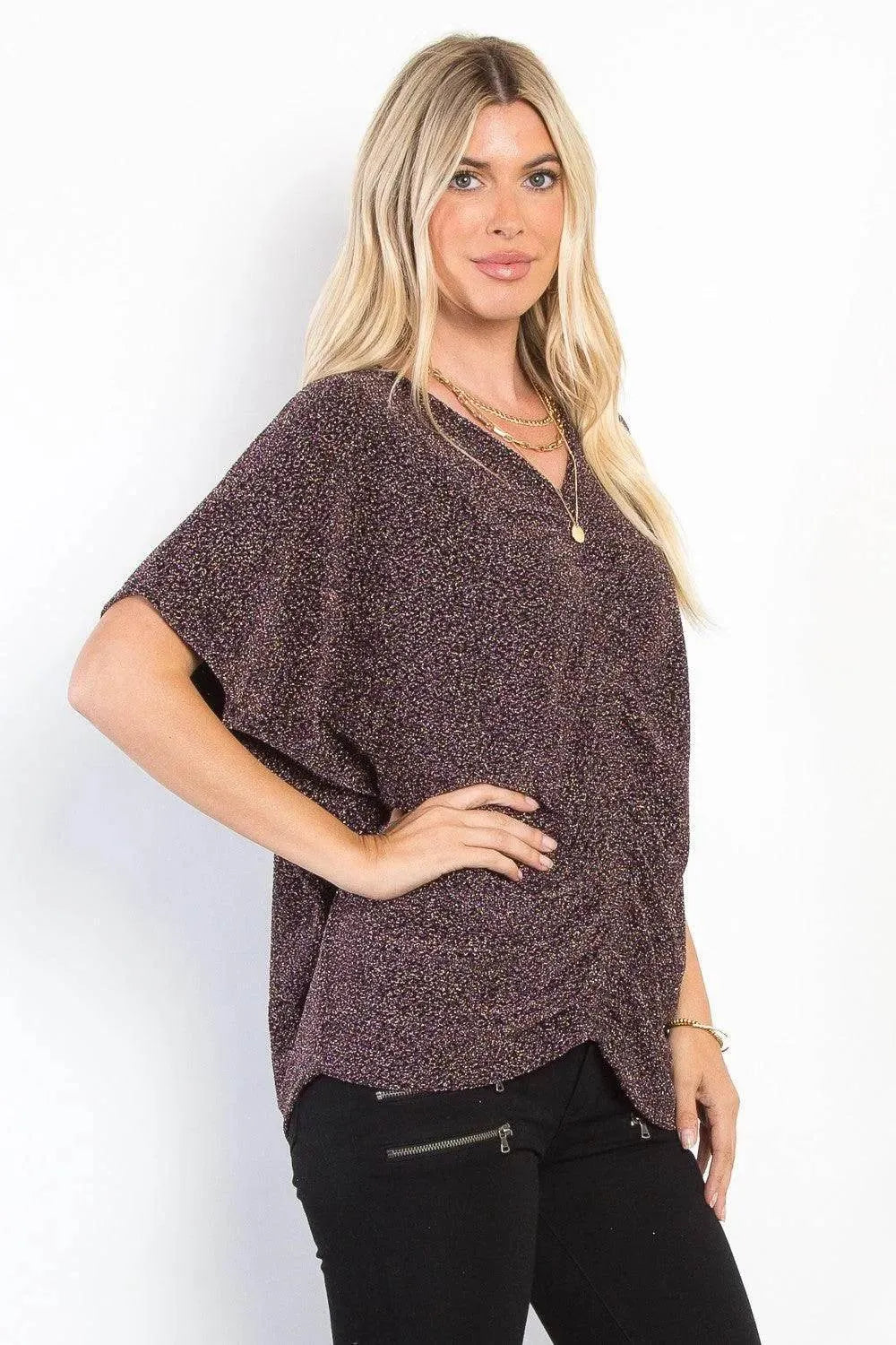 Be Stage Full Size Lurex Cinched Knit Top – Shimmer Stretch Long Sleeve Blouse - Bona Fide Fashion
