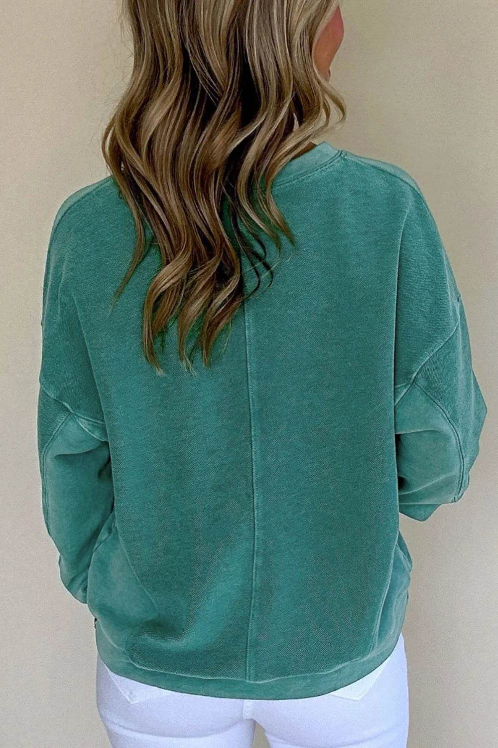 Notched Drop Shoulder Long Sleeve Sweatshirt - Bona Fide Fashion