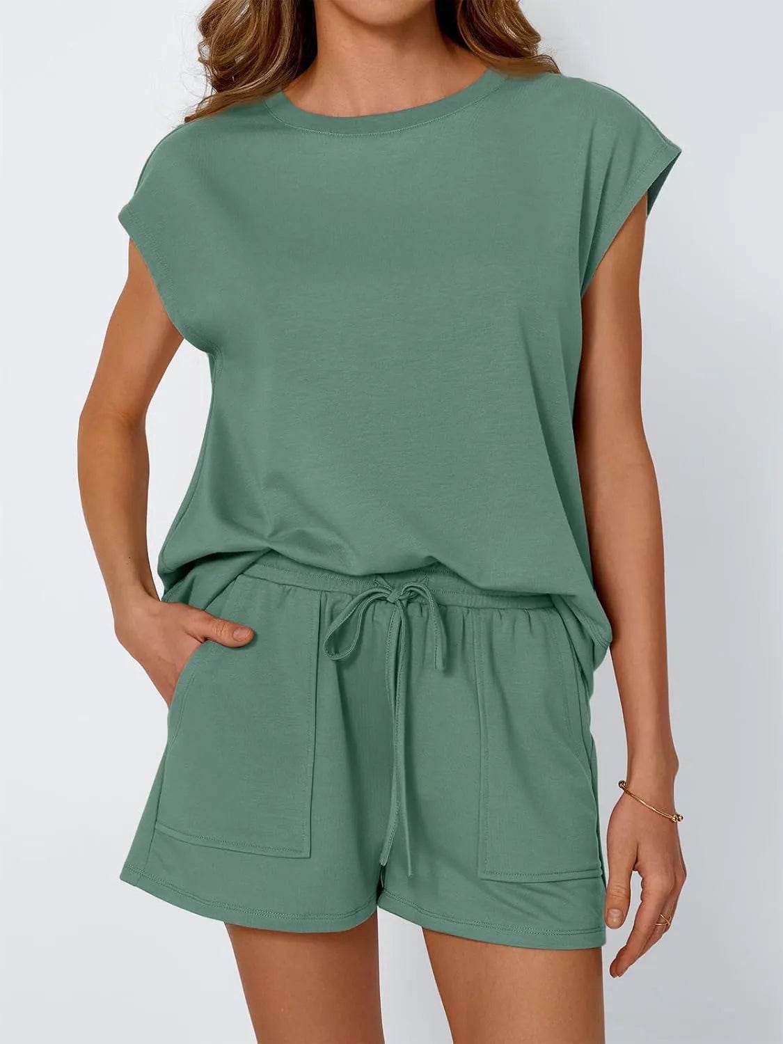 Round Neck Cap Sleeve Top and Shorts Set - Bona Fide Fashion