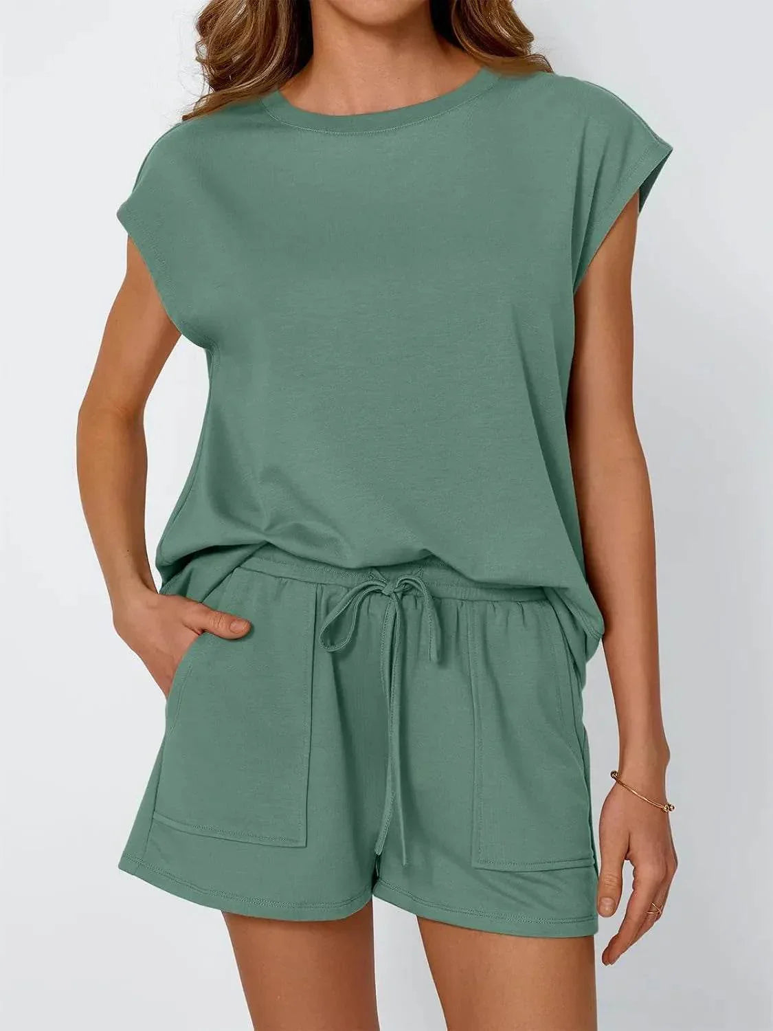Round Neck Cap Sleeve Top and Shorts Set - Bona Fide Fashion