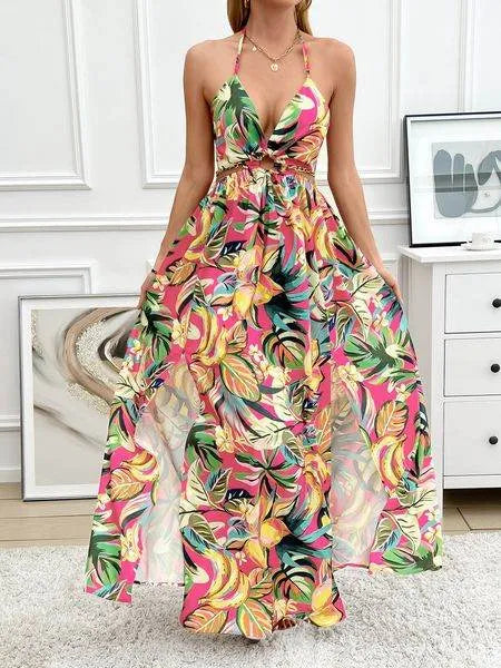 Women's Floral Print Chain Decor Split Thigh Tie Back Cami Dress, Halter Backless Maxi Dress, Beach Vacation Dress H6VE68KF2K - Bona Fide Fashion