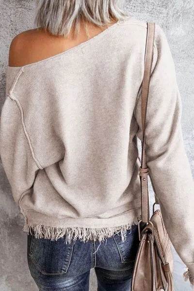 Exposed Seam Fringe Hem V-Neck Long Sleeve Sweater - Bona Fide Fashion