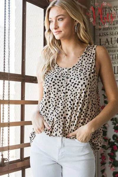Heimish Full Size Front Button Animal Print Sleeveless Top Plus Size - Bona Fide Fashion