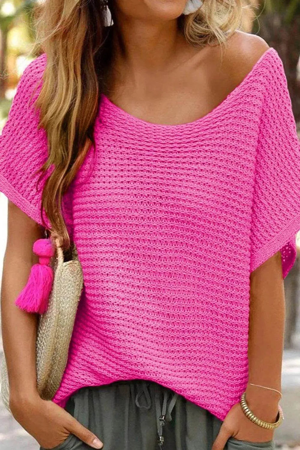 Boat Neck Short Sleeve Sweater - Bona Fide Fashion