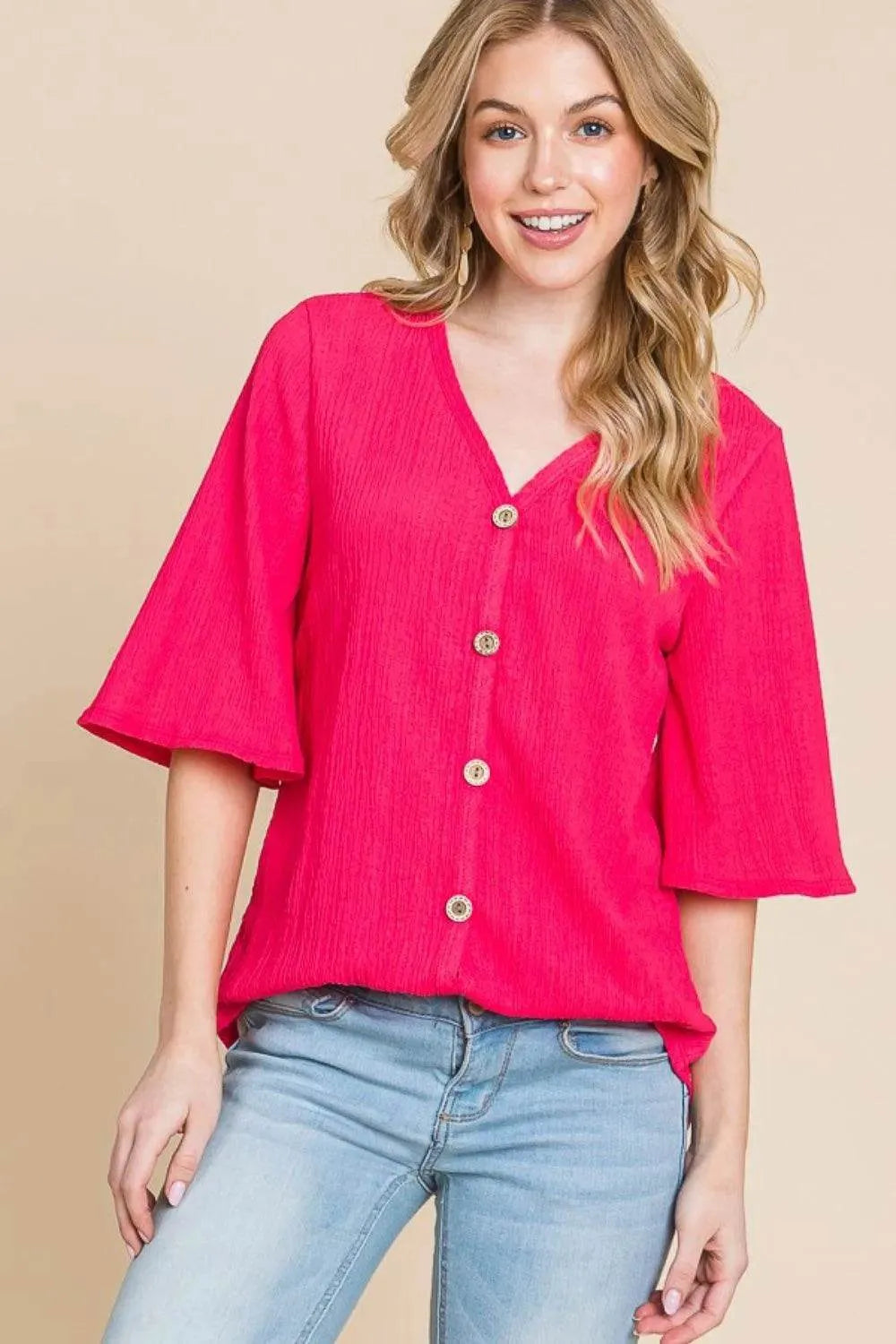 BOMBOM Texture Decorative Button V-Neck Top - Bona Fide Fashion