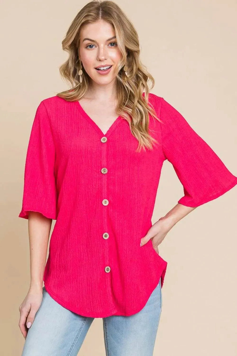 BOMBOM Texture Decorative Button V-Neck Top - Bona Fide Fashion