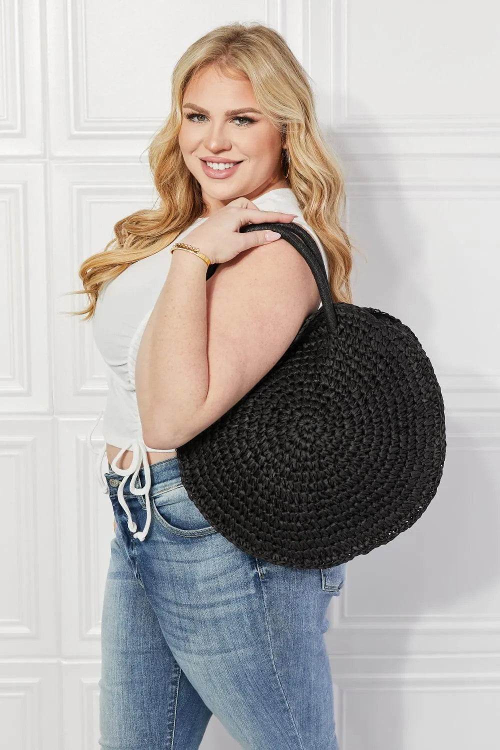 Justin Taylor Black Straw Rattan Handbag – Chic Woven Purse for Beach & Summer Dates - Bona Fide Fashion