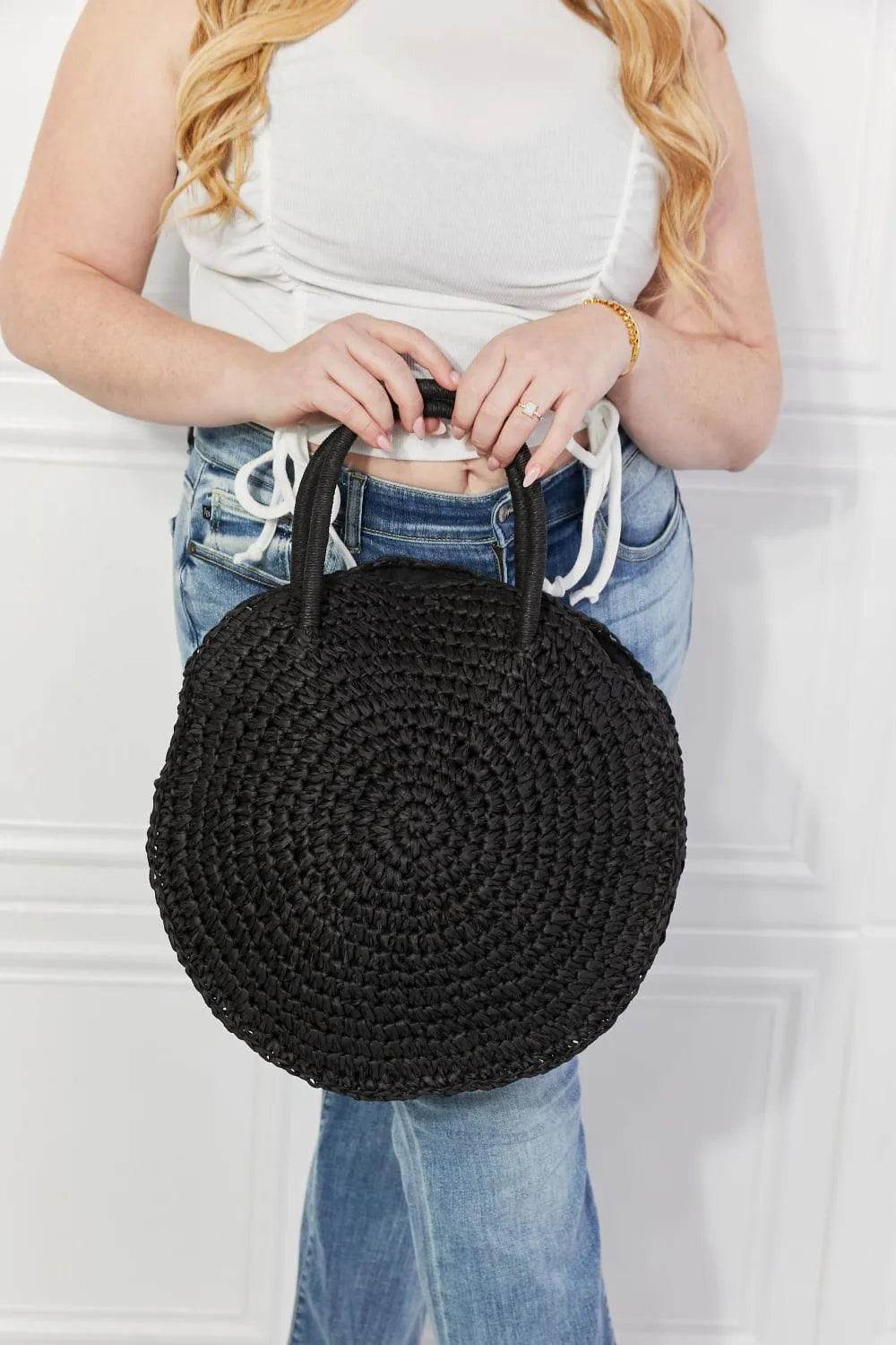 Justin Taylor Black Straw Rattan Handbag – Chic Woven Purse for Beach & Summer Dates - Bona Fide Fashion