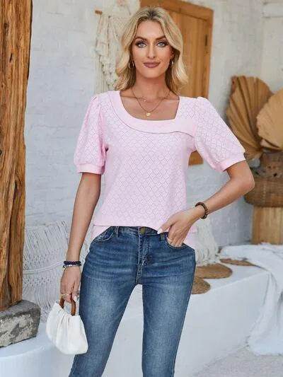 Eyelet Asymmetrical Neck T-Shirt – Trendy & Unique Style | Bona Fide Fashion - Bona Fide Fashion