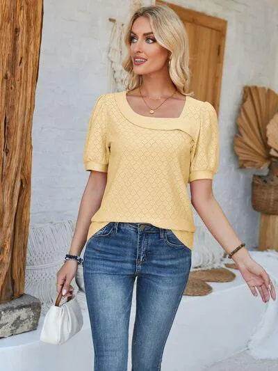 Eyelet Asymmetrical Neck T-Shirt – Trendy & Unique Style | Bona Fide Fashion - Bona Fide Fashion