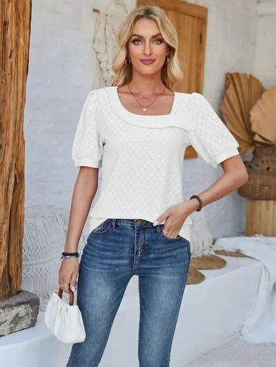 Eyelet Asymmetrical Neck T-Shirt – Trendy & Unique Style | Bona Fide Fashion - Bona Fide Fashion