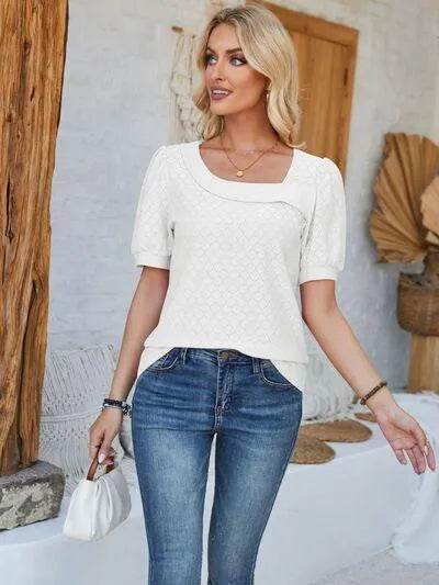 Eyelet Asymmetrical Neck T-Shirt – Trendy & Unique Style | Bona Fide Fashion - Bona Fide Fashion