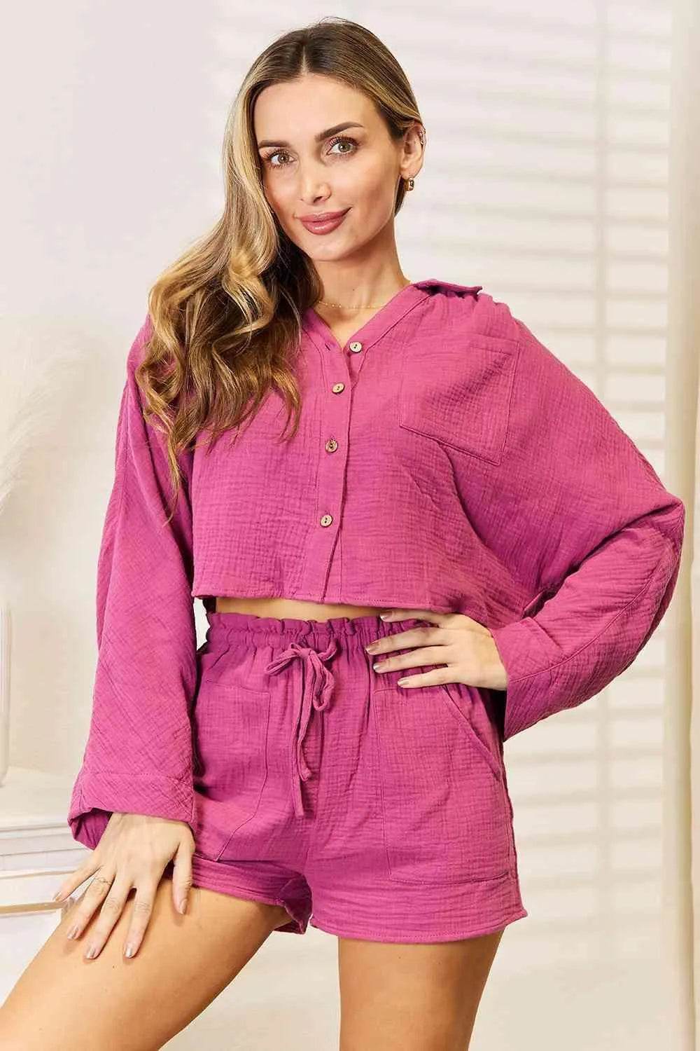 Buttoned Long Sleeve Top & Shorts Set – Cozy Loungewear Vibes | Bona Fide Fashion - Bona Fide Fashion