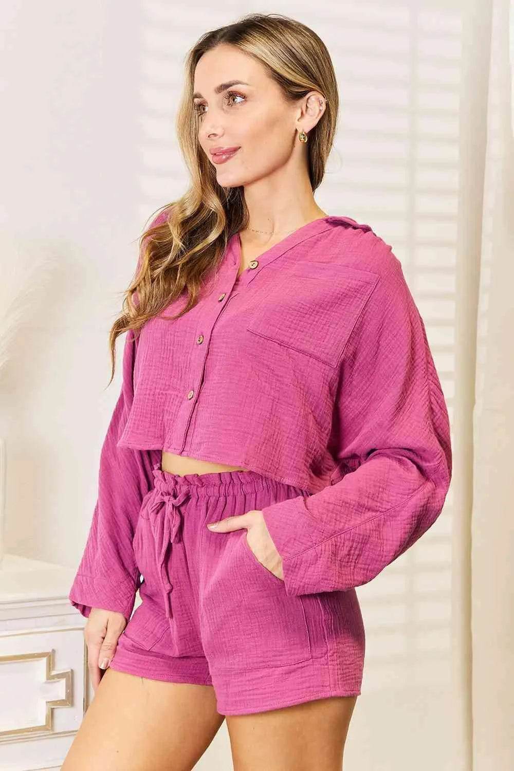 Buttoned Long Sleeve Top & Shorts Set – Cozy Loungewear Vibes | Bona Fide Fashion - Bona Fide Fashion