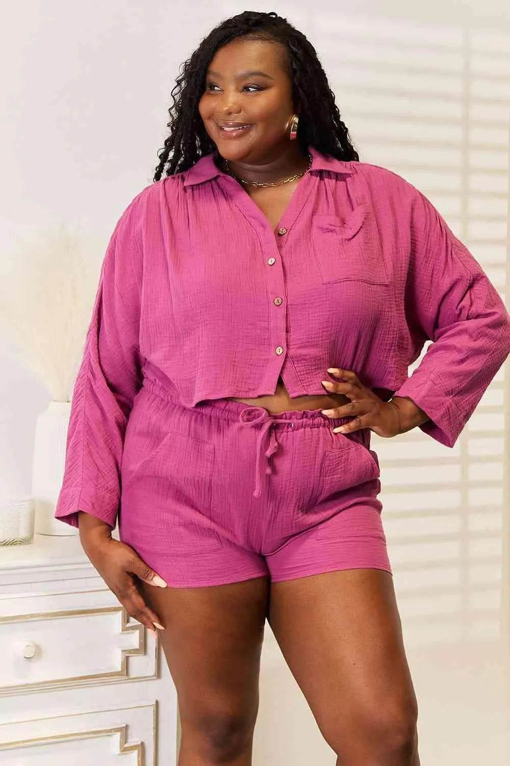 Buttoned Long Sleeve Top & Shorts Set – Cozy Loungewear Vibes | Bona Fide Fashion - Bona Fide Fashion