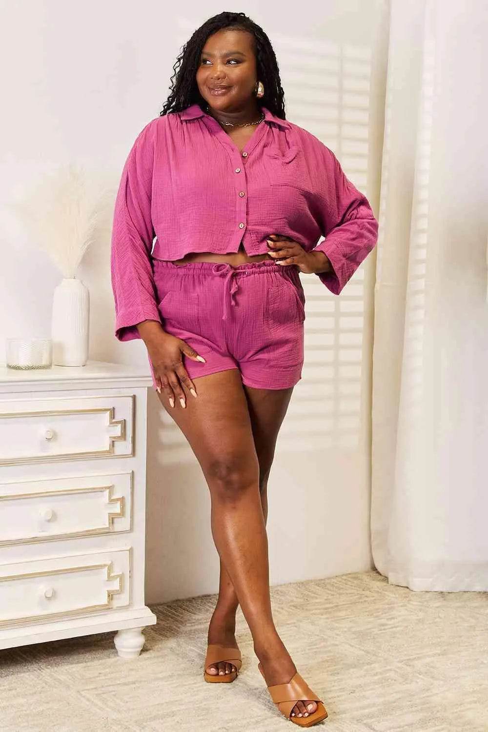 Buttoned Long Sleeve Top & Shorts Set – Cozy Loungewear Vibes | Bona Fide Fashion - Bona Fide Fashion