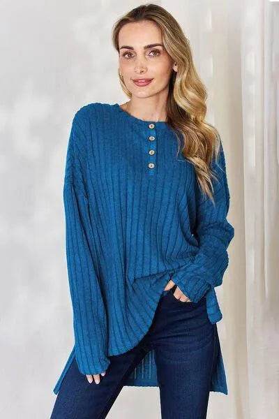 Full Size Ribbed High-Low T-Shirt – Half Button Long Sleeve Style | Bona Fide Fashion - Bona Fide Fashion