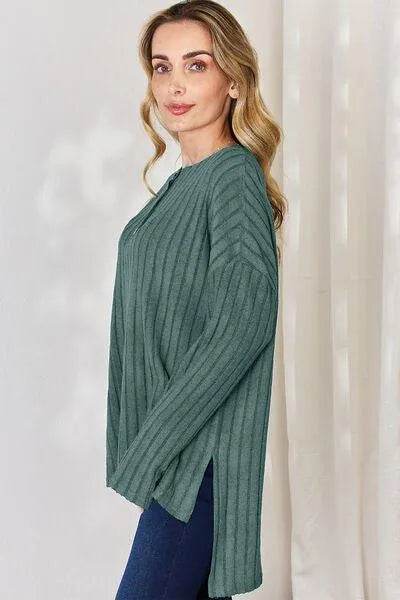 Full Size Ribbed High-Low T-Shirt – Half Button Long Sleeve Style | Bona Fide Fashion - Bona Fide Fashion