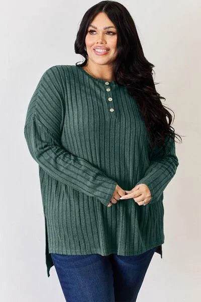 Full Size Ribbed High-Low T-Shirt – Half Button Long Sleeve Style | Bona Fide Fashion - Bona Fide Fashion