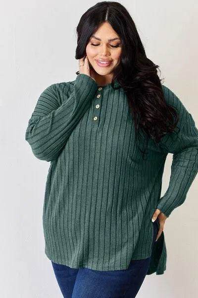 Full Size Ribbed High-Low T-Shirt – Half Button Long Sleeve Style | Bona Fide Fashion - Bona Fide Fashion