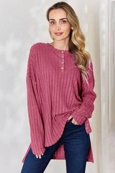 Full Size Ribbed High-Low T-Shirt – Half Button Long Sleeve Style | Bona Fide Fashion - Bona Fide Fashion