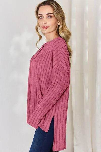 Full Size Ribbed High-Low T-Shirt – Half Button Long Sleeve Style | Bona Fide Fashion - Bona Fide Fashion