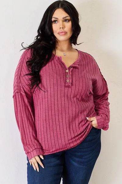 Full Size Ribbed High-Low T-Shirt – Half Button Long Sleeve Style | Bona Fide Fashion - Bona Fide Fashion