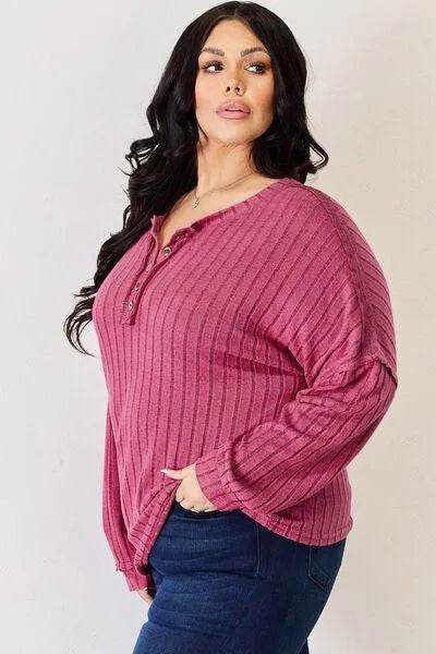 Full Size Ribbed High-Low T-Shirt – Half Button Long Sleeve Style | Bona Fide Fashion - Bona Fide Fashion