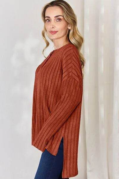 Full Size Ribbed High-Low T-Shirt – Half Button Long Sleeve Style | Bona Fide Fashion - Bona Fide Fashion