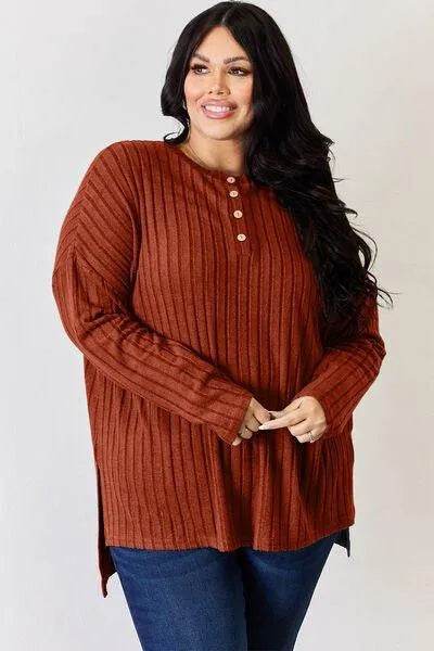 Full Size Ribbed High-Low T-Shirt – Half Button Long Sleeve Style | Bona Fide Fashion - Bona Fide Fashion