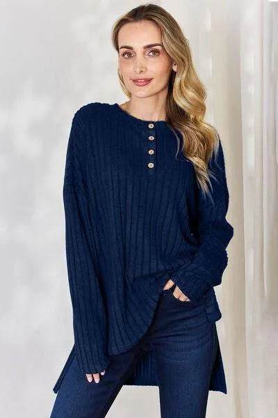 Full Size Ribbed High-Low T-Shirt – Half Button Long Sleeve Style | Bona Fide Fashion - Bona Fide Fashion