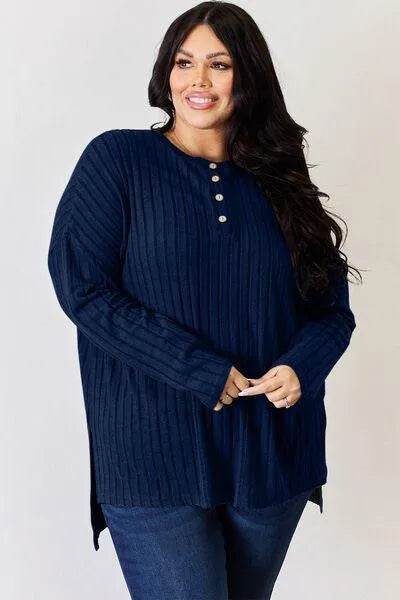 Full Size Ribbed High-Low T-Shirt – Half Button Long Sleeve Style | Bona Fide Fashion - Bona Fide Fashion