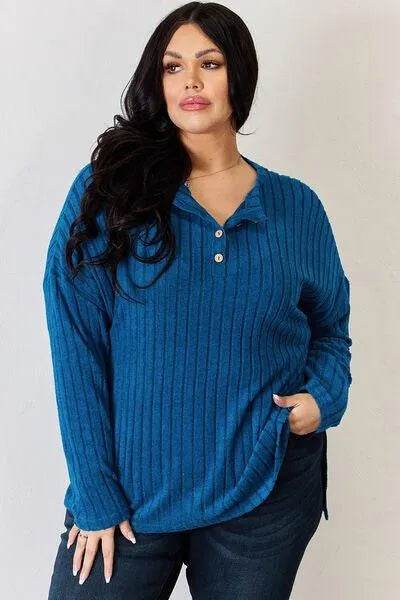 Full Size Ribbed High-Low T-Shirt – Half Button Long Sleeve Style | Bona Fide Fashion - Bona Fide Fashion