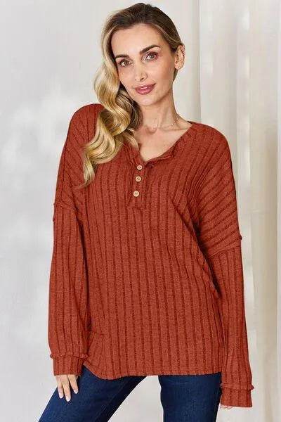Basic Bae Full Size Ribbed Half Button Long Sleeve T-Shirt | Bona Fide Fashion - Bona Fide Fashion