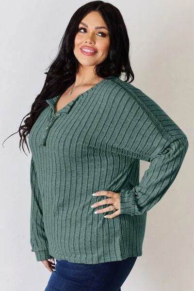 Basic Bae Full Size Ribbed Half Button Long Sleeve T-Shirt | Bona Fide Fashion - Bona Fide Fashion