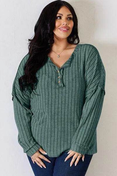 Basic Bae Full Size Ribbed Half Button Long Sleeve T-Shirt | Bona Fide Fashion - Bona Fide Fashion