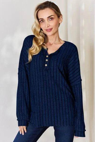 Basic Bae Full Size Ribbed Half Button Long Sleeve T-Shirt | Bona Fide Fashion - Bona Fide Fashion