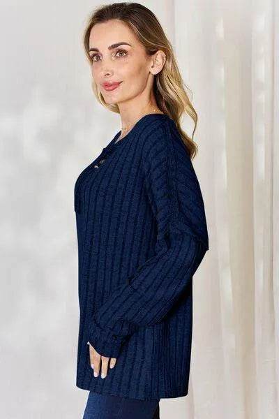 Basic Bae Full Size Ribbed Half Button Long Sleeve T-Shirt | Bona Fide Fashion - Bona Fide Fashion