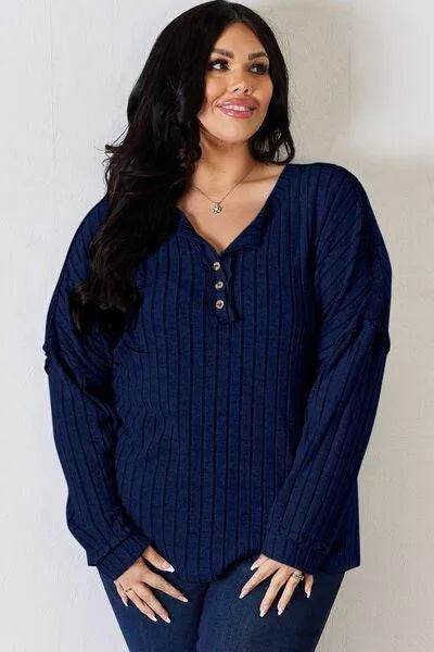 Basic Bae Full Size Ribbed Half Button Long Sleeve T-Shirt | Bona Fide Fashion - Bona Fide Fashion