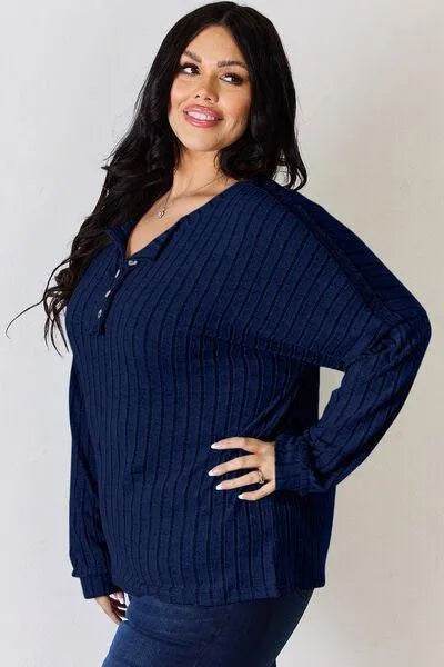 Basic Bae Full Size Ribbed Half Button Long Sleeve T-Shirt | Bona Fide Fashion - Bona Fide Fashion